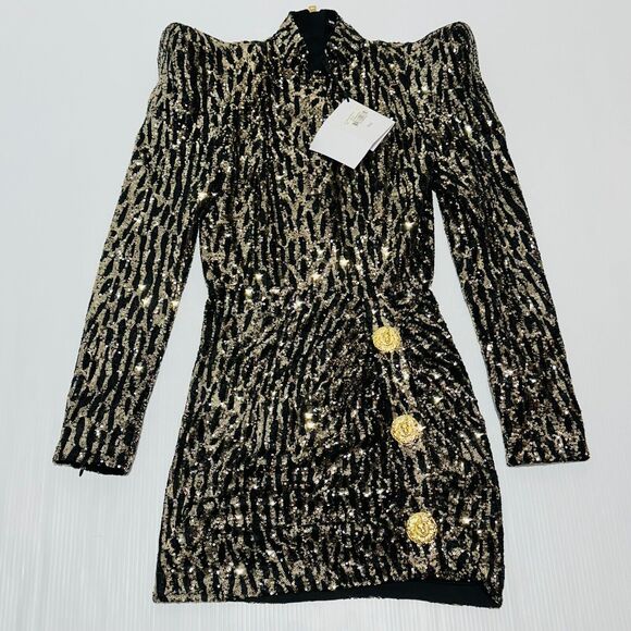 Balmain Strong-Shoulder Mini Dress 40/US 8 Gold Black Sequin Back Zip NWT $3650 - Picture 5 of 14